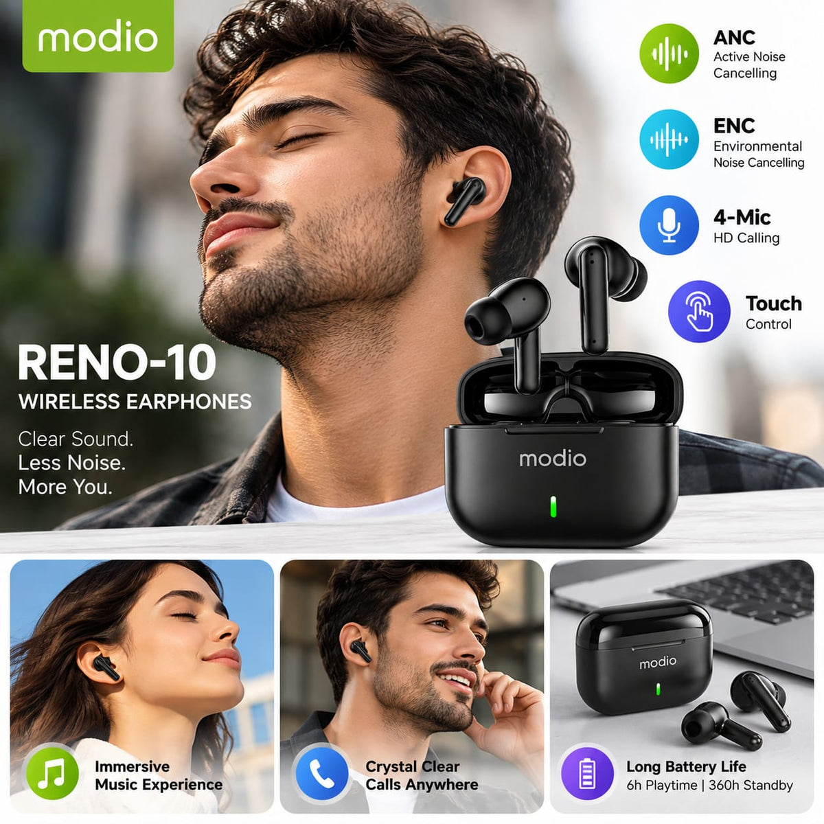 Modio Wireless Bluetooth Earphones RENO-10
