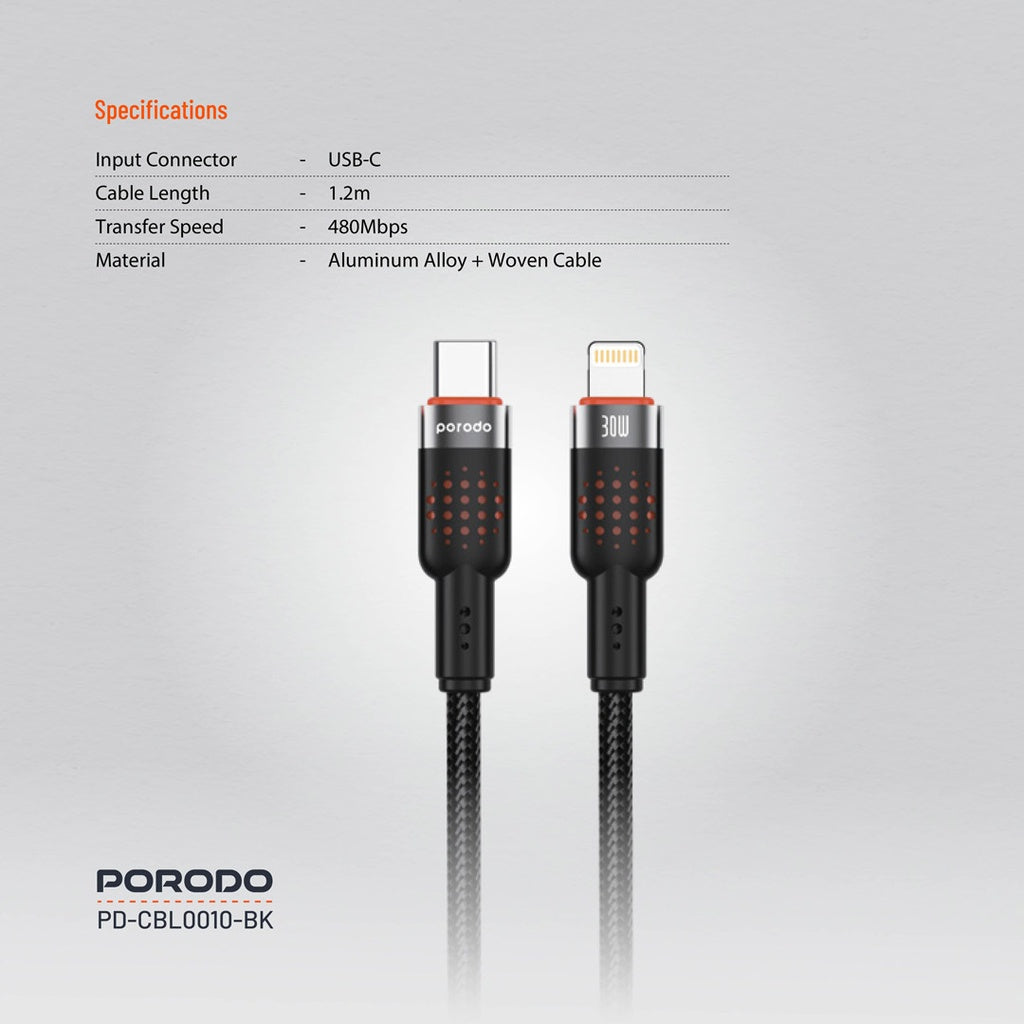 Porodo USB-C to Lightning Aluminum Braided Cable