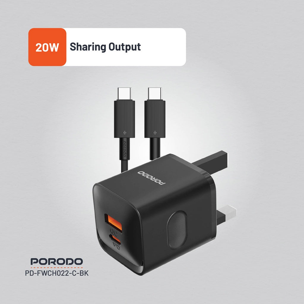 Porodo Dual port  Charger with Type-C to C Cable