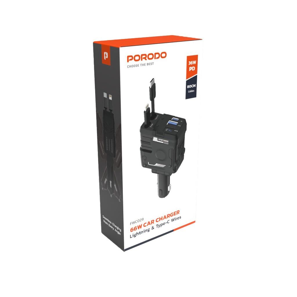 Porodo 66W Retractable Car Charger Lightning & Type-C Cable