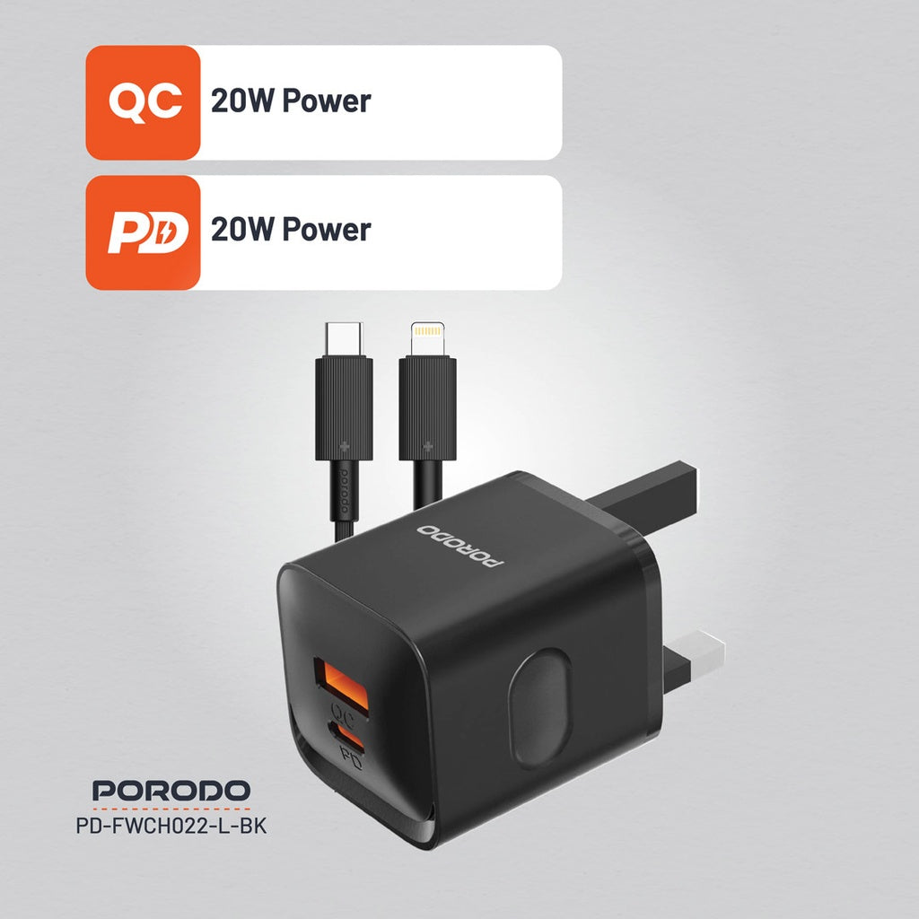 Porodo Dual port  Charger with Type-C to Lightning Cable