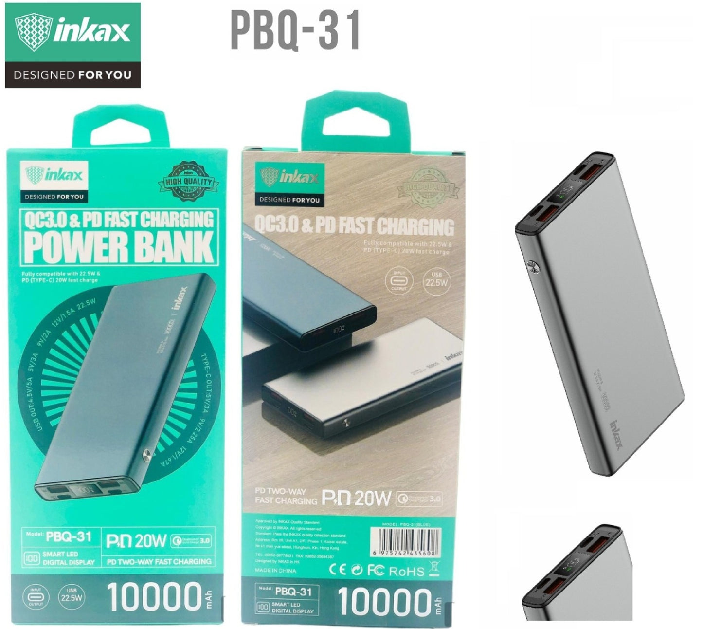 Inkax 10000mAh Fast Charging Power Bank - Gray