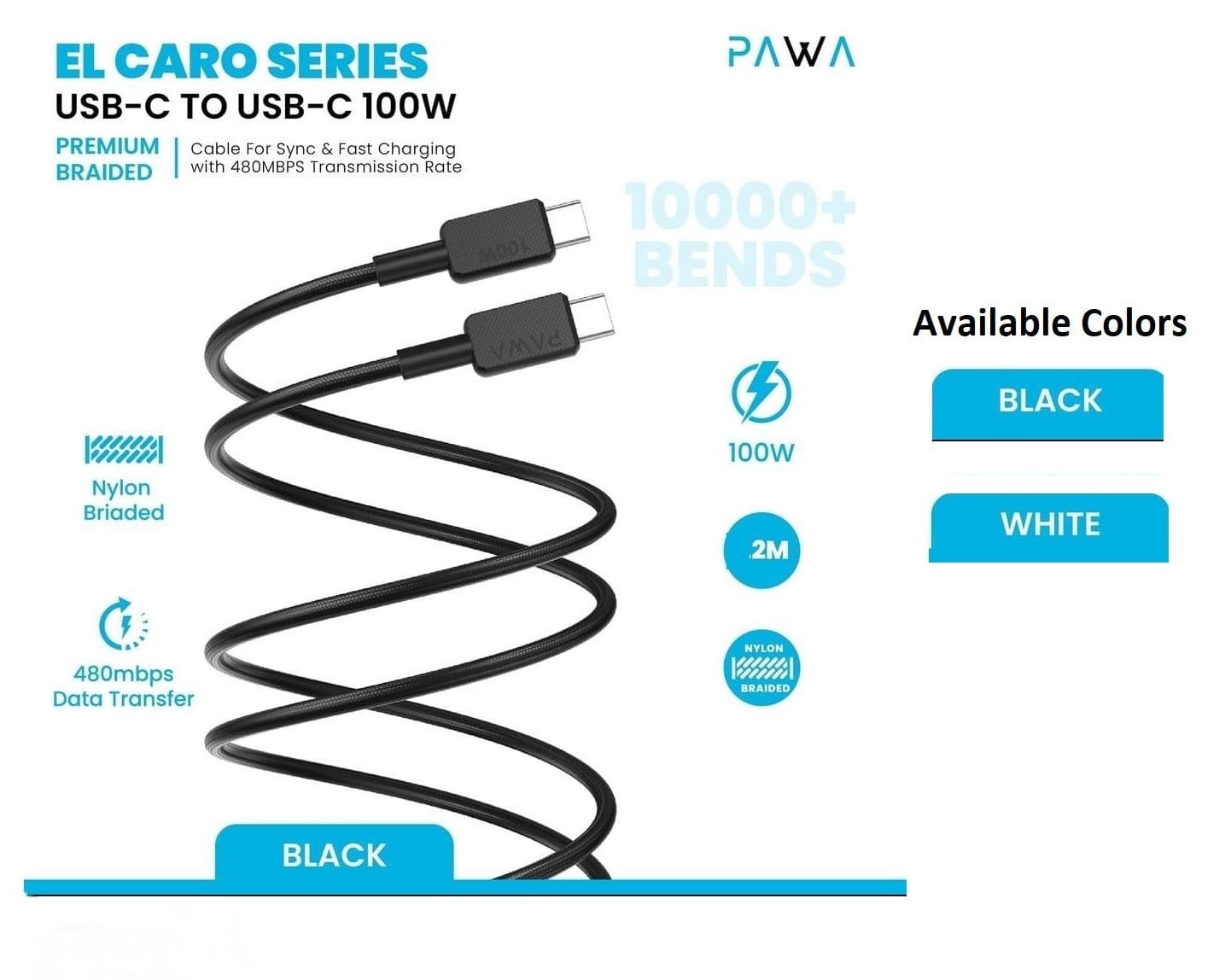 Pawa El-Claro Series Premium Braided 100W Cable USB C to USB C Cable 2M