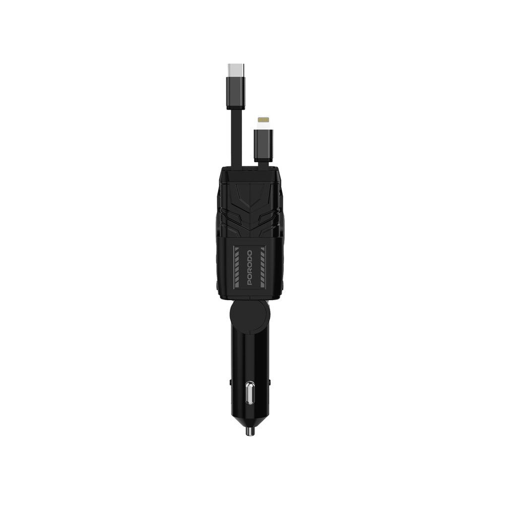 Porodo 66W Retractable Car Charger Lightning & Type-C Cable