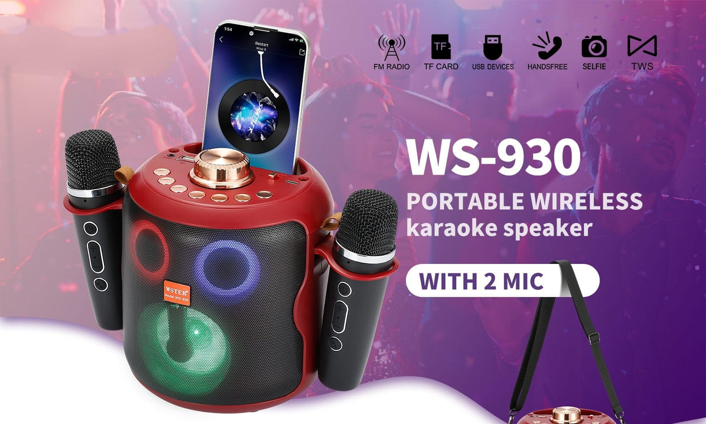 Karaoke Portable Bluetooth speaker with 2 Wireless Microphone WS-930