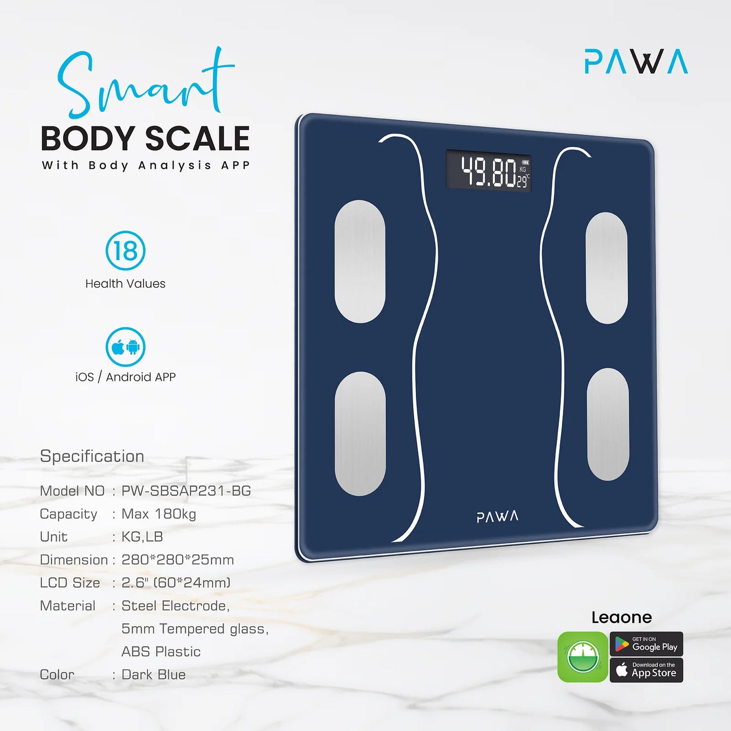 Pawa Smart Body Scale with Body Analysis App - Dark Blue