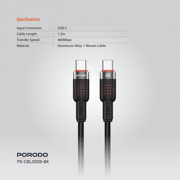 Porodo USB-C to USB-C Aluminum Braided Cable