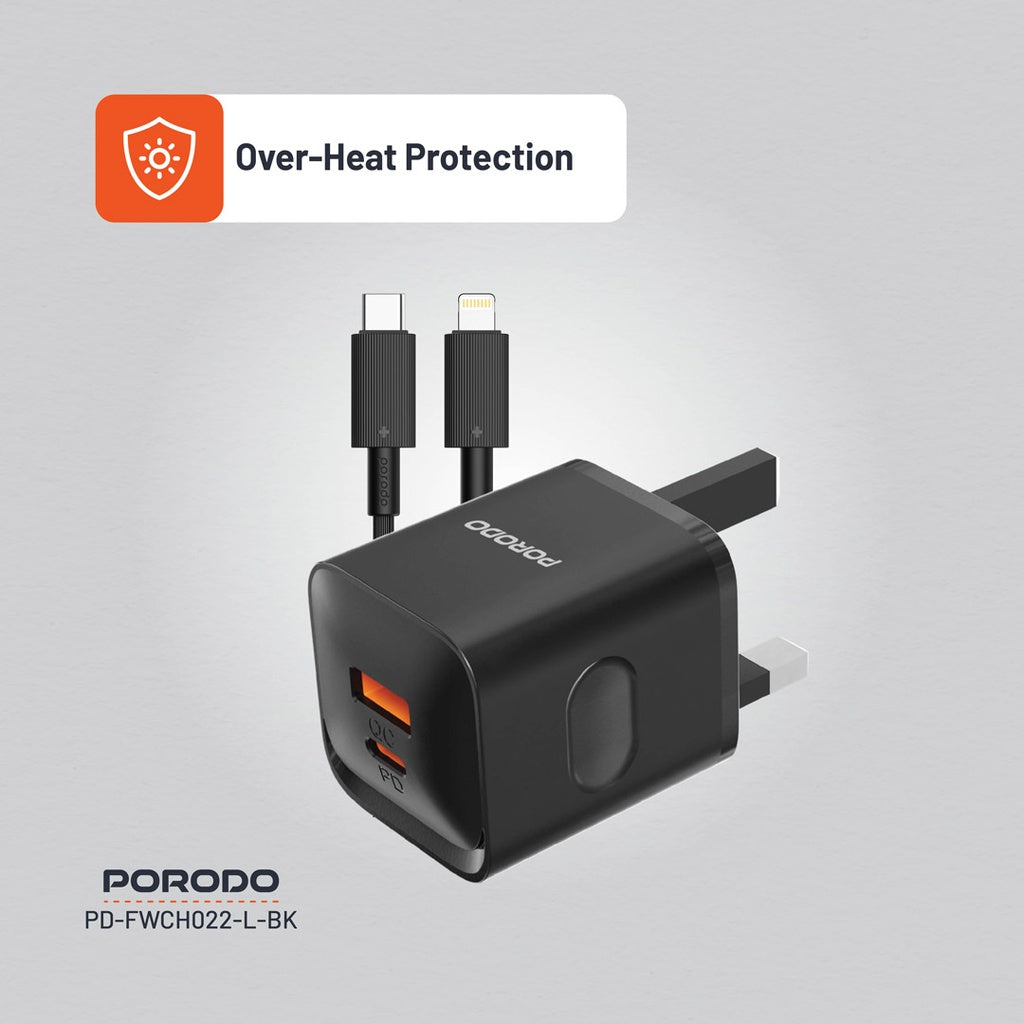 Porodo Dual port  Charger with Type-C to Lightning Cable