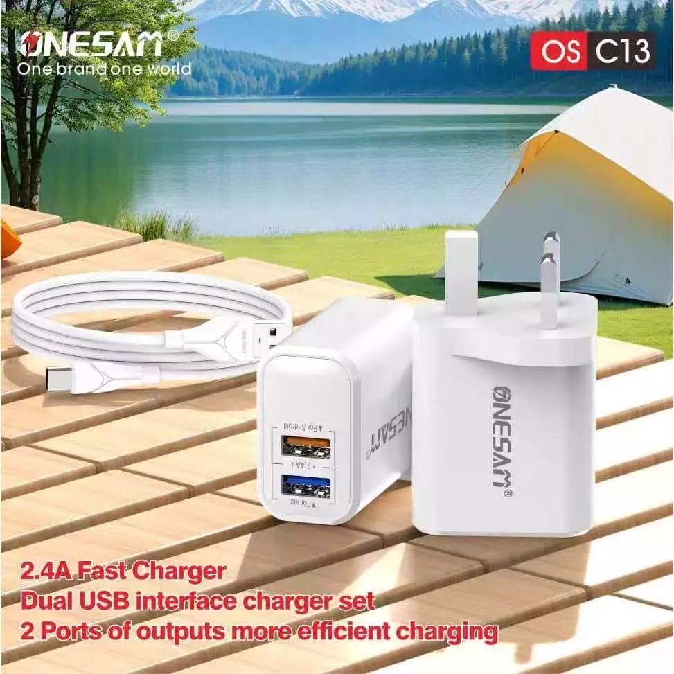 Onesam Dual Usb Fast charger with Usb A to Usb C cable C13