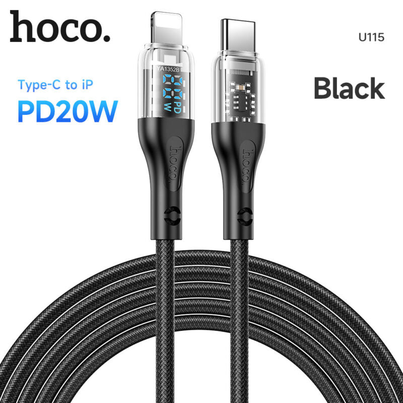 Hoco U115 Lightning to Type C PD 20W Transparent Data Cable With Display