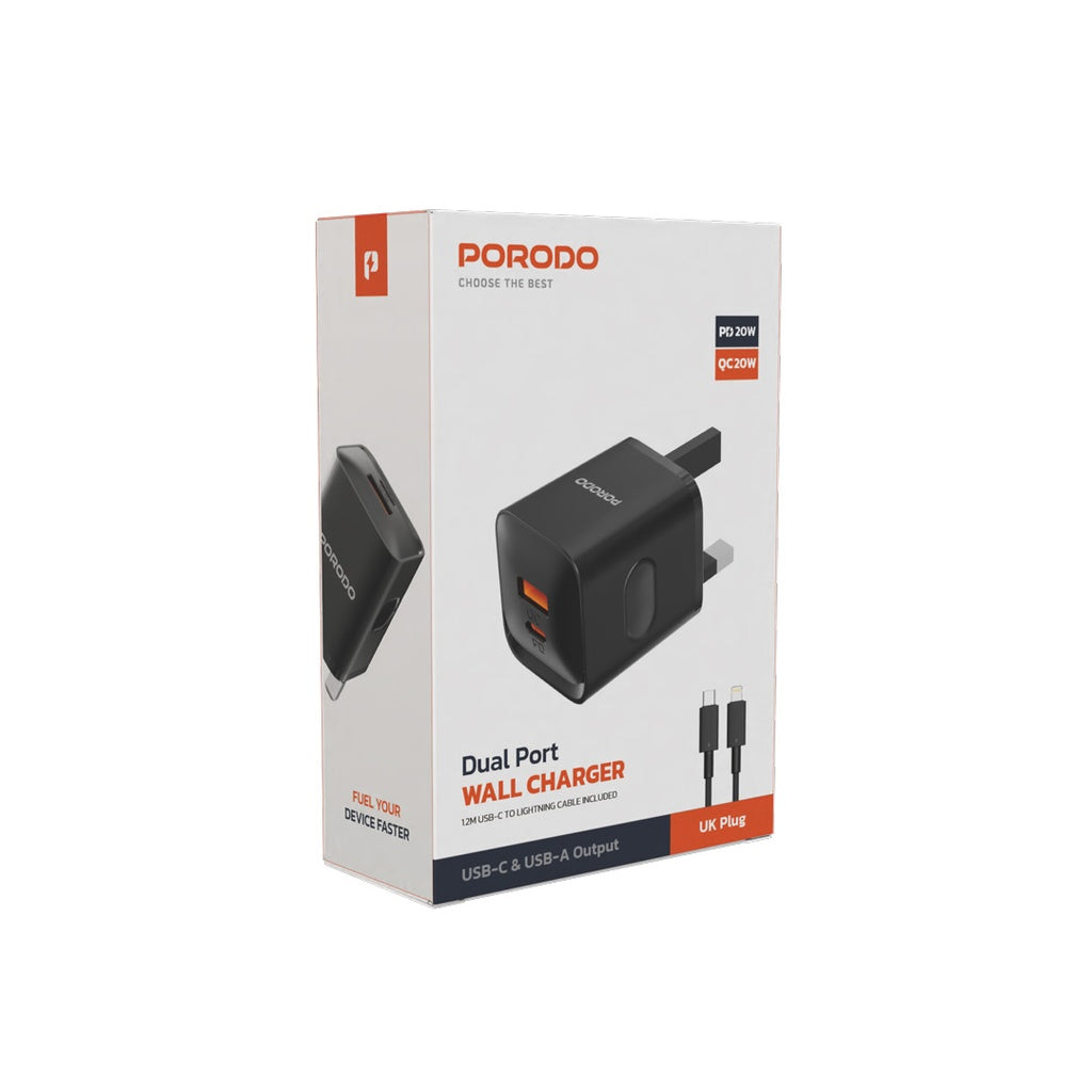 Porodo Dual port  Charger with Type-C to Lightning Cable