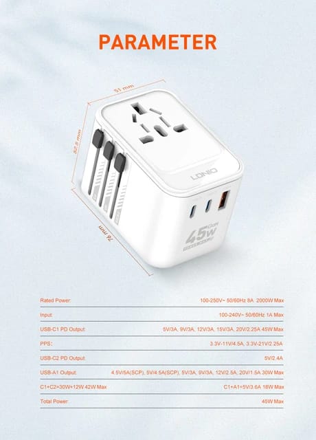 LDNIO Universal 45W GaN Fast Charger Travel Adapter Z8