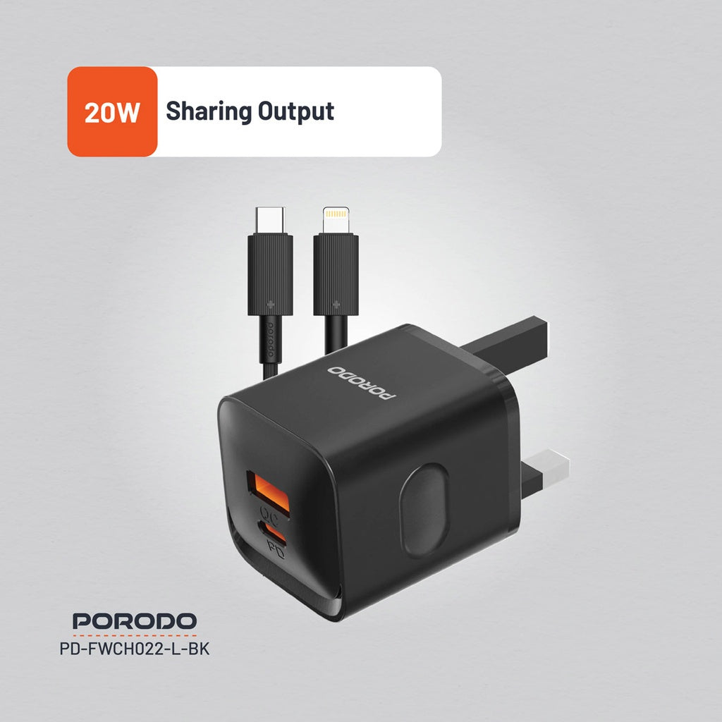 Porodo Dual port  Charger with Type-C to Lightning Cable