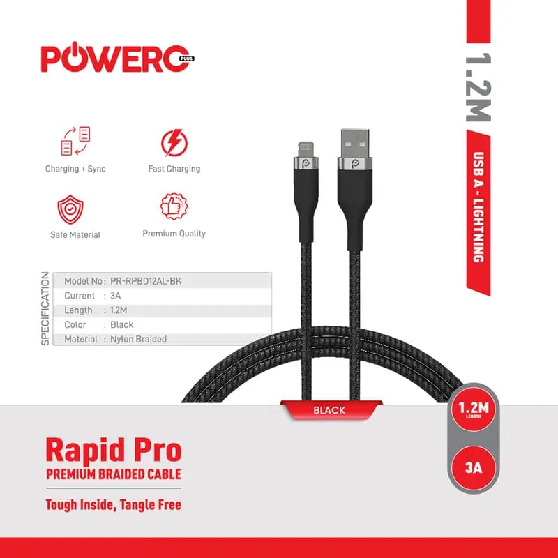 PowerO+ Rapid Pro Premium Braided Cable USB-A to Lightning