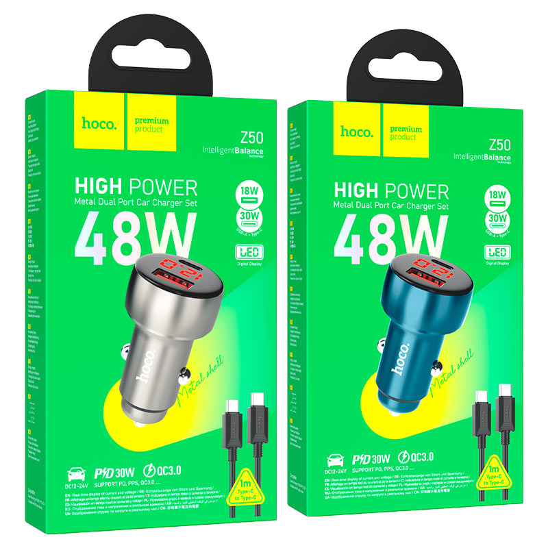 Hoco Z50 Leader 48W Car charger With Type-C to Type-C Cable Set